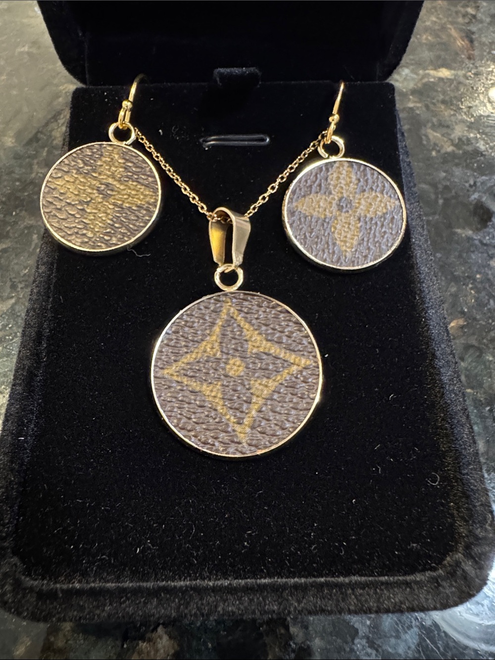 100% Authentic Upcycled Louis Vuitton Pendant Necklace and Earring Set